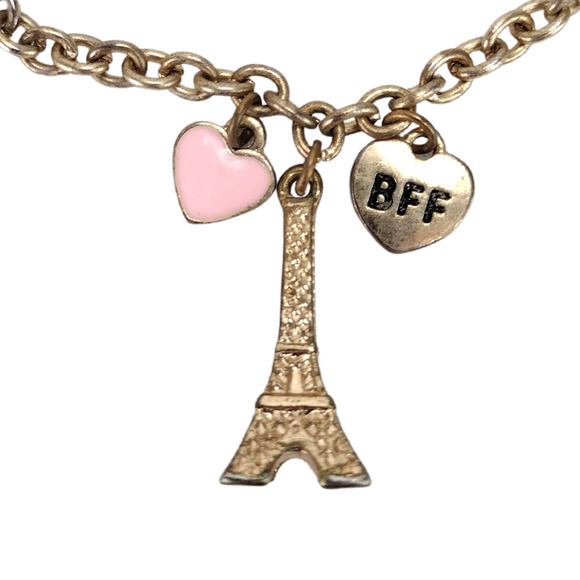 Claires Gold Tone Eiffel Tower BFF Heart Charm Bracelet Adjustable Lobster Clasp - Picture 2 of 7